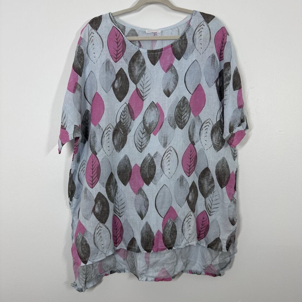 Unbranded 100% Linen Blue Leaf Print Short Sleeve High Low Tunic Top Breathable